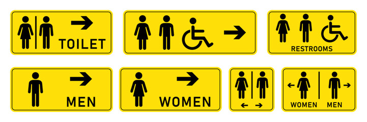 Toilet vector icons set in yellow and black color. Wc toilet sign. Male and female restroom icon sign with left and right arrow. Disabled wheelchair sign symbol. Isolated vector Illustration.