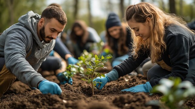 A group of volunteers wearing gloves plants trees in a rural landscape. Community effort, teamwork, and dedication to restoring nature. Arbor Day - Powered by Adobe