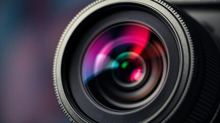 Close-up of a camera lens with a blurred colorful background