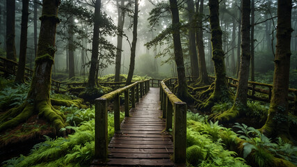 Obraz premium Mystical Forest Bridge in Lush Greenery – Wooden Pathway Over a Tranquil Stream, Surrounded by Mossy Trees and Foggy Atmosphere – Serene Nature Landscape with Enchanted Wilderness