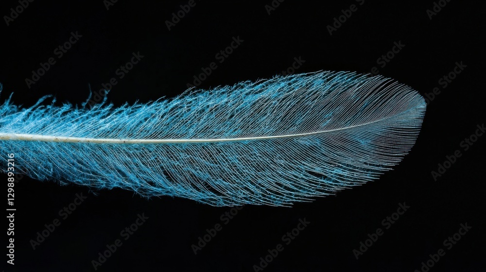 Poster bright cyan feather with delicate structures, softly glowing under diffused light, revealing intrica