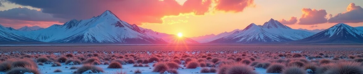 Vast tundra landscape with snow-capped mountains, sunrise, mountains