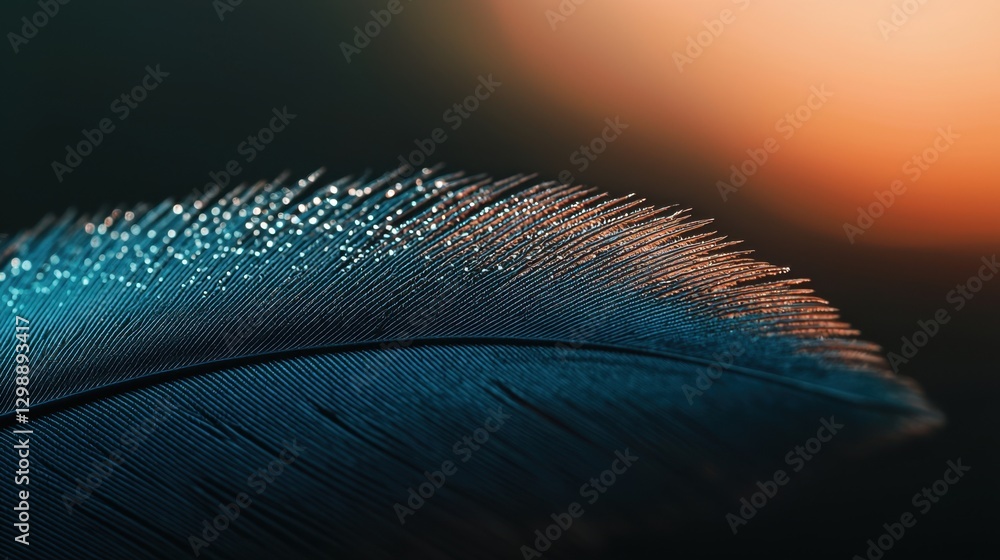 Poster bright cyan feather with delicate structures, softly glowing under diffused light, revealing intrica