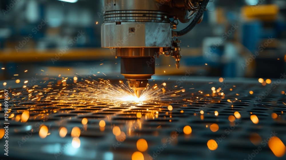 Poster A robotic laser cutter operates in a modern manufacturing plant, creating sparks as it precision-cuts metal sheets. Automation transforms production efficiency while ensuring high-quality results.