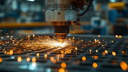 A robotic laser cutter operates in a modern manufacturing plant, creating sparks as it precision-cuts metal sheets. Automation transforms production efficiency while ensuring high-quality results.