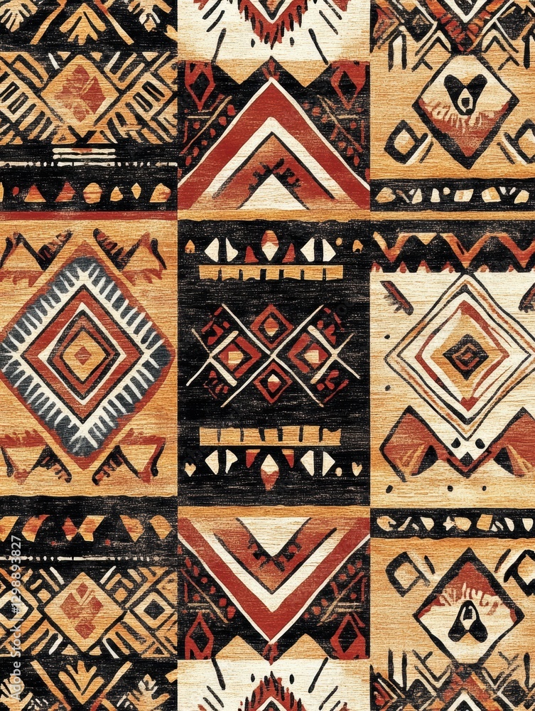 Poster intricate tribal pattern showcasing rich colors and geometric designs on a textured background. gene