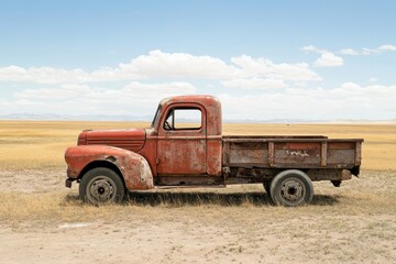 An old rusty red pickup truck sits in a field