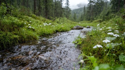 Mountain stream flows through wildflowers, misty forest background; nature scene