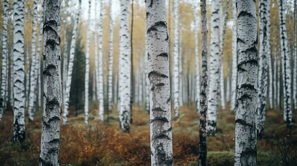Obraz premium A serene view of birch trees with golden leaves in an autumn forest.