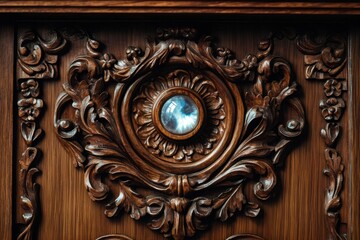 Close up of ornate wood carving with floral motifs and central blue glass inlay, showcasing craftsmanship and antique furniture design