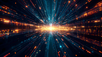 Fototapeta premium Abstract Digital Data Network Visualization with Blue and Orange Lights in Dark Background