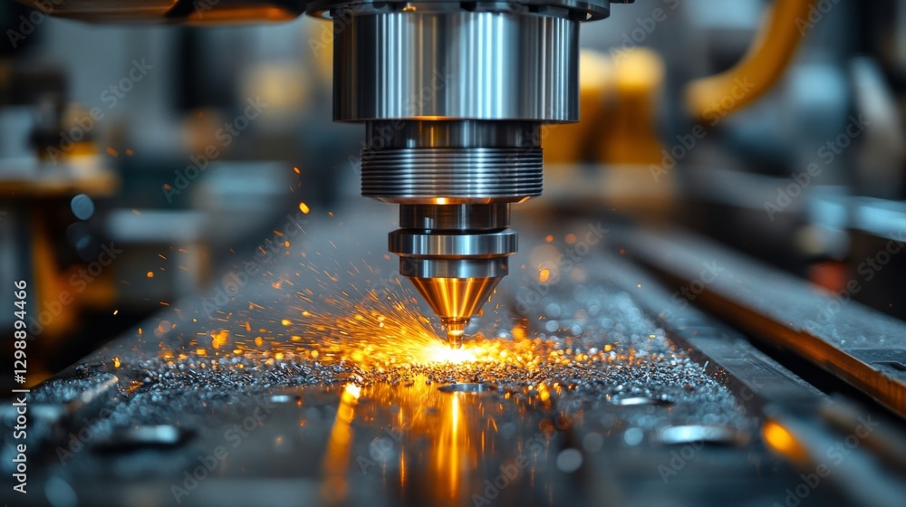 Fototapete An automated laser cutting machine is actively processing metal sheets while generating sparks in a high-tech manufacturing facility. The environment showcases advanced engineering.