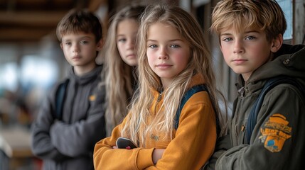 Obraz premium A group of four children in a colorful classroom, actively participating in a playful activity.