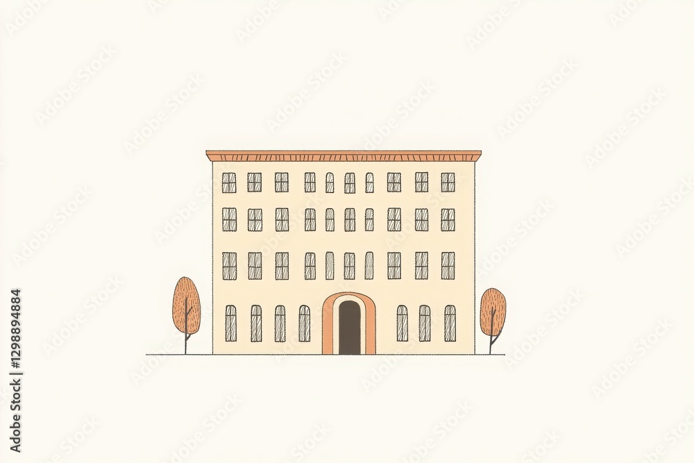 Poster beige minimalist building illustration with two small trees and windows with text and arch entrance 