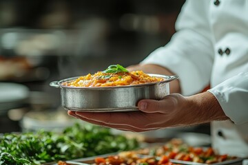 Chef presents a beautifully plated dish in a bustling kitchen environment during dinner service