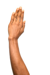 Fototapeta premium A close-up of a raised hand with fingers pressed together against a neutral background, highlighting skin texture, natural tones, and minimalistic composition.