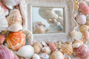 Ornate white mirror, reflecting more seashells, is beautifully framed by a collection of colorful seashells, creating a charming coastal aesthetic