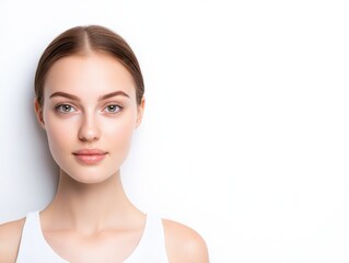 Fototapeta premium Portrait of a young woman with tied-back hair posing against a white backdrop in a bright studio