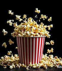 Popcorn in a bucket on black close-up. popcorn flies in different directions.