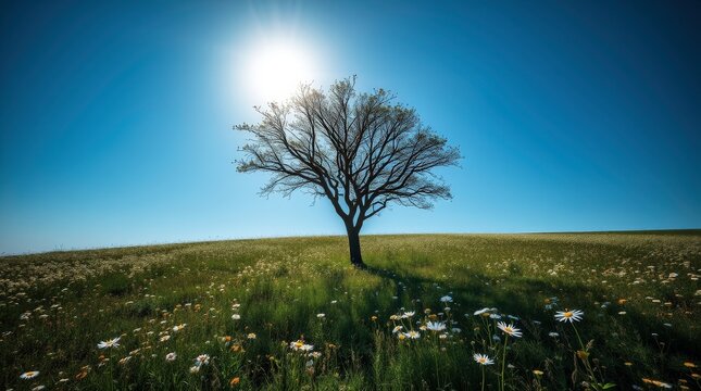 Lone tree in a vivid summer meadow with colorful wildflowers and blue sky