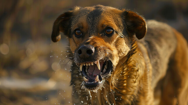 Aggressive rabid dog snarling with frothy saliva, intense eyes, and raised fur, isolated on a blurred background. Concept of danger, wild animal behavior, and rabies awareness