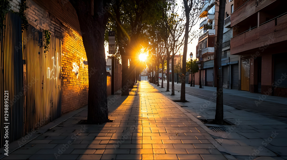 Poster sunlit street scene with trees and buildings during golden hour creating shadows and an atmospheric 