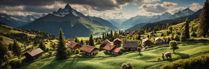 Fototapeta premium Picturesque Alpine Village with Majestic Mountain Backdrop Under Dramatic Clouds