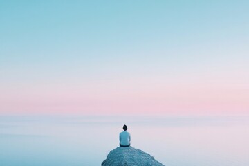 minimalistic stock photo of couple sitting on cliffside looking at ocean horizon during sunset