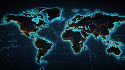 Futuristic Digital World Map with Glowing Technology Network – Global Cybersecurity, Data Connectivity, and Artificial Intelligence Concept