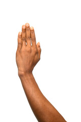 A hand is raised vertically with fingers pressed together, forming a gesture often associated with...