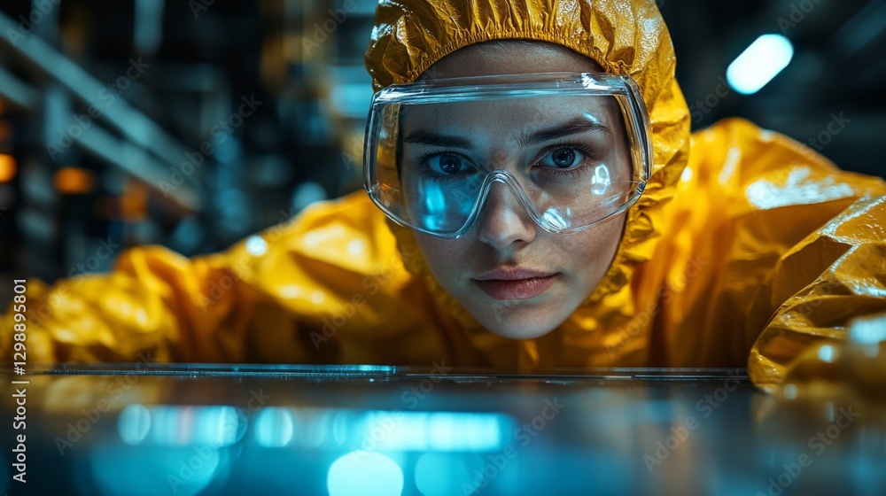 Poster a dedicated worker is inspecting machinery on an assembly line in a high-tech manufacturing facility
