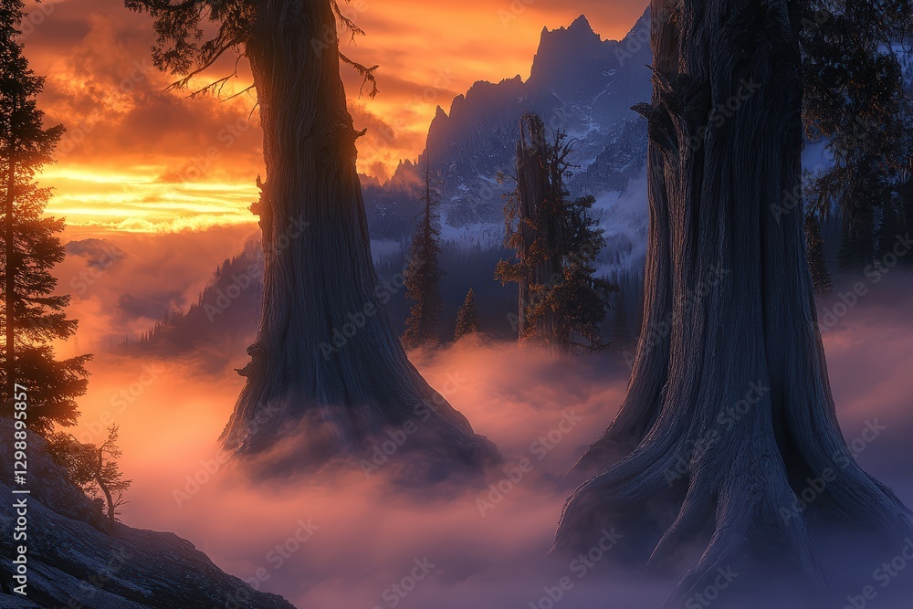Aufkleber mystical fog blankets ancient trees in a serene forest, creating an ethereal atmosphere at dawn.