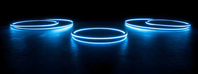 Abstract neon background with glowing rings on a dark blue and purple gradient
