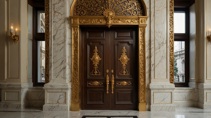 Luxury Palace Entrance with Ornate Wooden Doors – Elegant Interior with Gold and Marble Decor – Opulent Royal Architecture in a Grand Hallway with Classic European Style