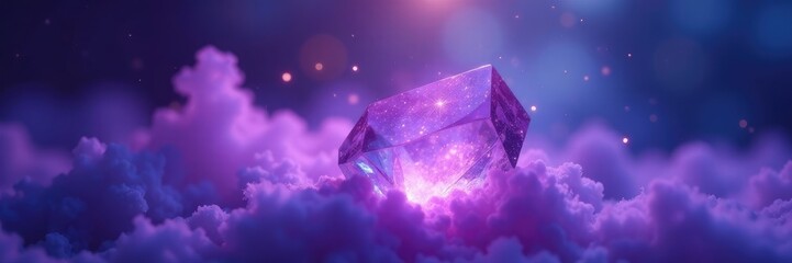 Purple haze dissolves into a radiant blue aura surrounding a delicate crystal, hazy, glow, luminosity