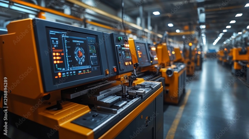 Poster High-tech manufacturing workshop features multiple automated machines in action, showcasing engineering precision and safety measures in an industrial environment.