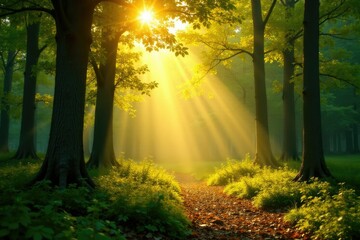 Quiet morning in a forest glade with sunlight filtering through trees, tree branches, yellow gradient