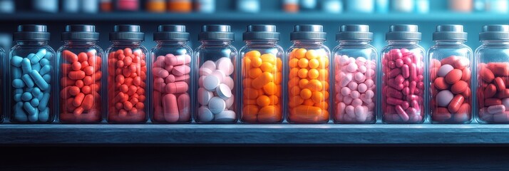 Colorful display of various medication bottles arranged neatly on a pharmacy shelf