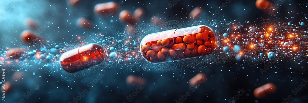 Poster red capsules in space with glowing particles creating a dynamic visual effect