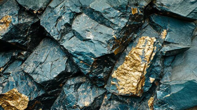 Textured black and gold rock formation showcasing natural mineral patterns and colors in a stunning geological display