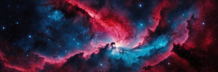 Fototapeta premium Cosmic Kaleidoscope. Vibrant Interstellar Nebula in Brilliant Crimson and Azure Hues