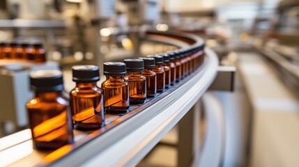 A row of amber glass bottles moving along a production line in a factory setting.