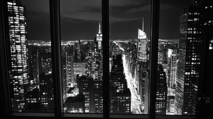 Night Cityscape View Through High-Rise Window