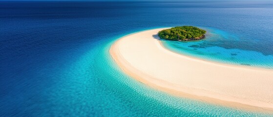A stunning aerial view of a tropical island with white sandy beaches surrounded by crystal-clear blue waters and lush greenery.