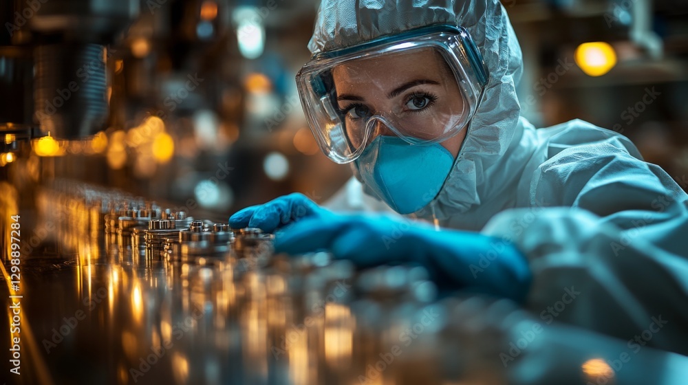 Poster an employee in full protective gear inspects complex machinery in a manufacturing facility. the envi