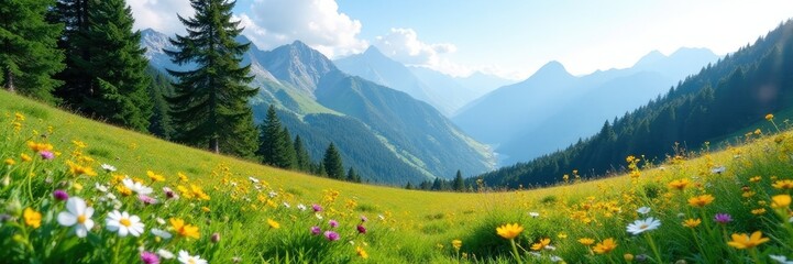 Serene mountain meadow with wildflowers and towering pines, serenity, wildflower, pine tree