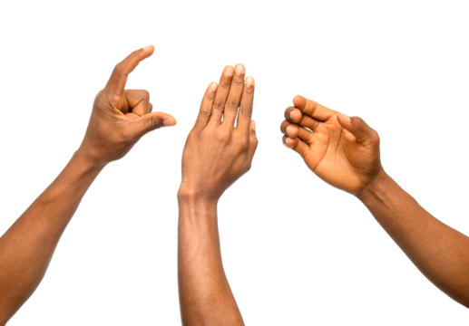 Three hands display different gestures against a plain background. The hands appear to be communicating or expressing ideas through sign language, symbols, possibly conveying a message.