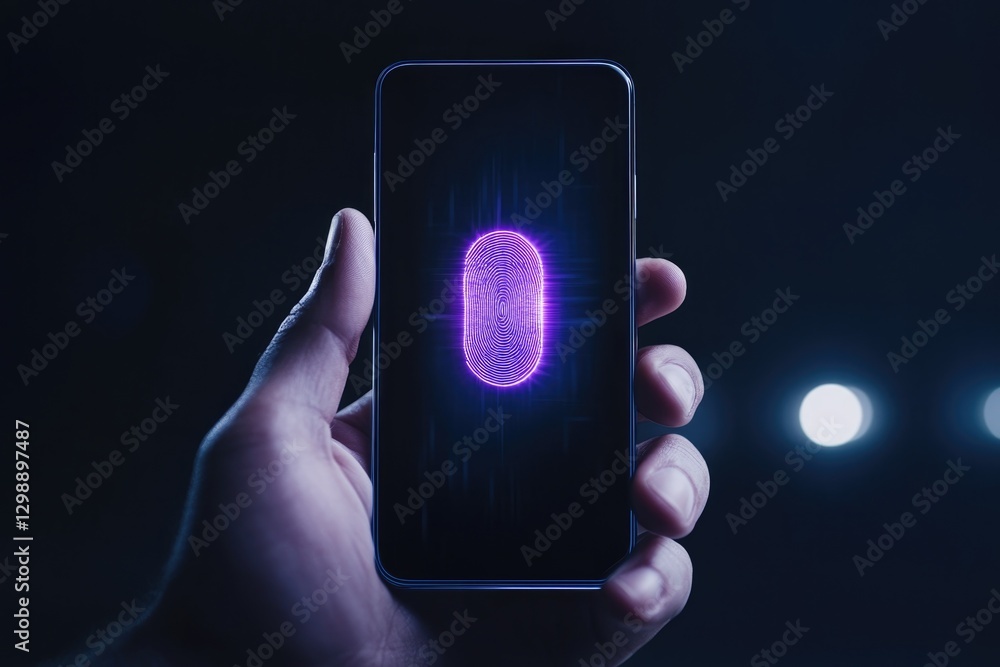 Poster minimalistic stock photo of fingerprint scanner unlocking smartphone screen with biometric technolog