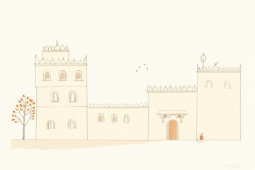 Obraz premium Beige Minimalist Illustration of a Castle with a Small Tree