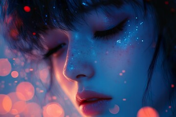 A serene young woman with glowing facial features
